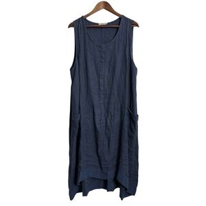 Lungo L'arno linen dress women's 1X navy lagenlook beach resort pockets Italy